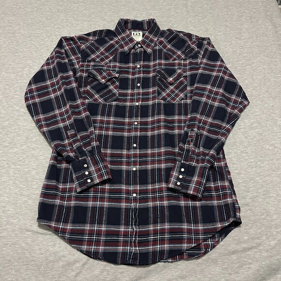 Ely Cattleman Shirt Mens L Tall Navy Blue Red Piaid Long Sleeve Pearl Snap - Picture 1 of 11